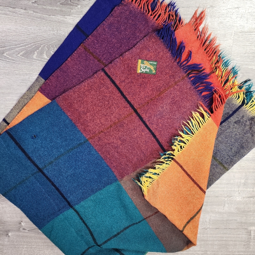 VINTAGE MCM SAFARI Wool Classic Color Block Plaid Fringe Blanket Throw